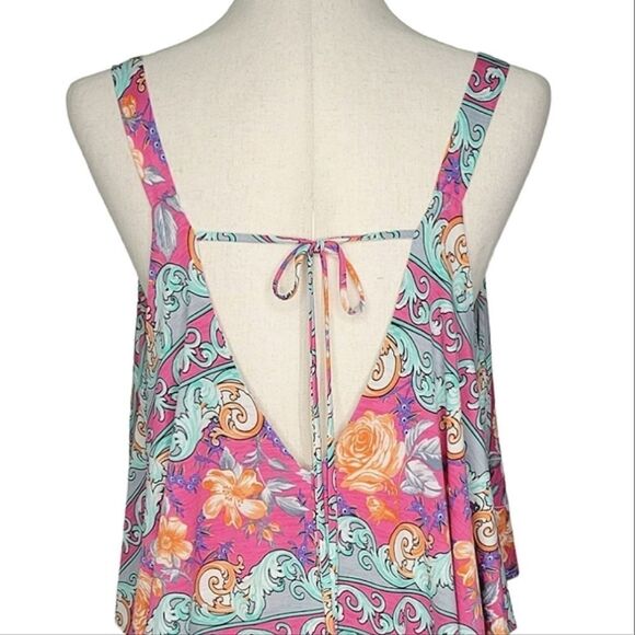 Watermelon Pink Floral Scoop V-neck Yoke Detail Sleeveless Dress Size 1X - Picture 6 of 8